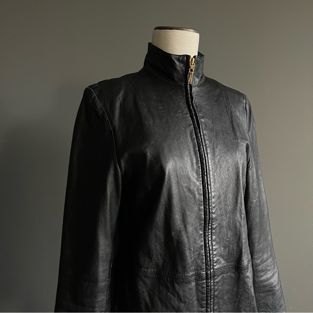 Colebrook & Co Black Leather Funnel Neck Longline Jacket Coat Dress Minimalist - Picture 2 of 15
